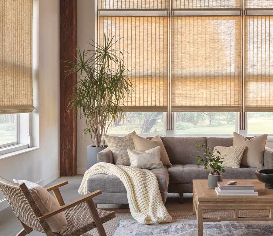 living room with textured woven wood shades