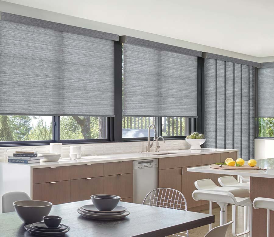 blue designer roller shades in kitchen