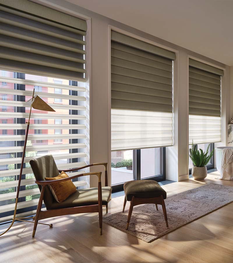 large-windows-pirouette-custom-window-shades-blinds-at-home-blinds-and-decor Green custom window shades for large windows in living room
