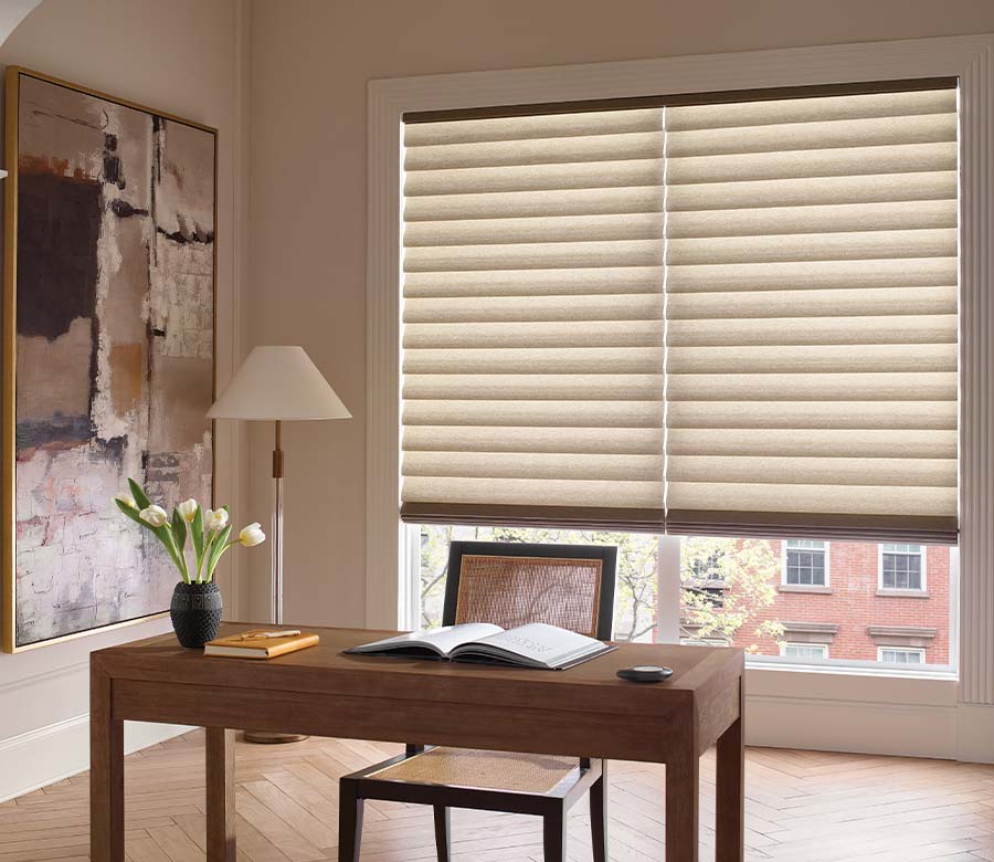 vignette-home-office-roman-shades-hunter-douglas-at-home-blinds-and-decor Hunter Douglas Roman shades in Fort Myers home office