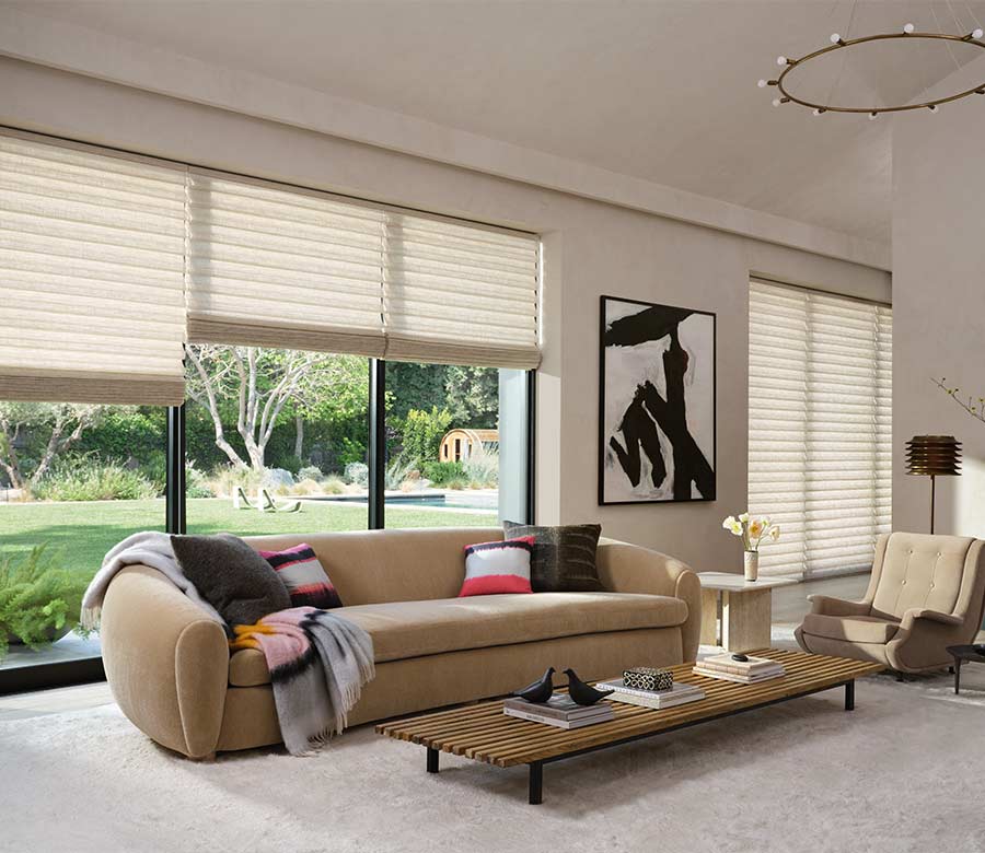 vignette-large-window-roman-shades-hunter-douglas-at-home-blinds-and-decor Hunter Douglas Roman shades in Fort Myers living room at home blinds and decor