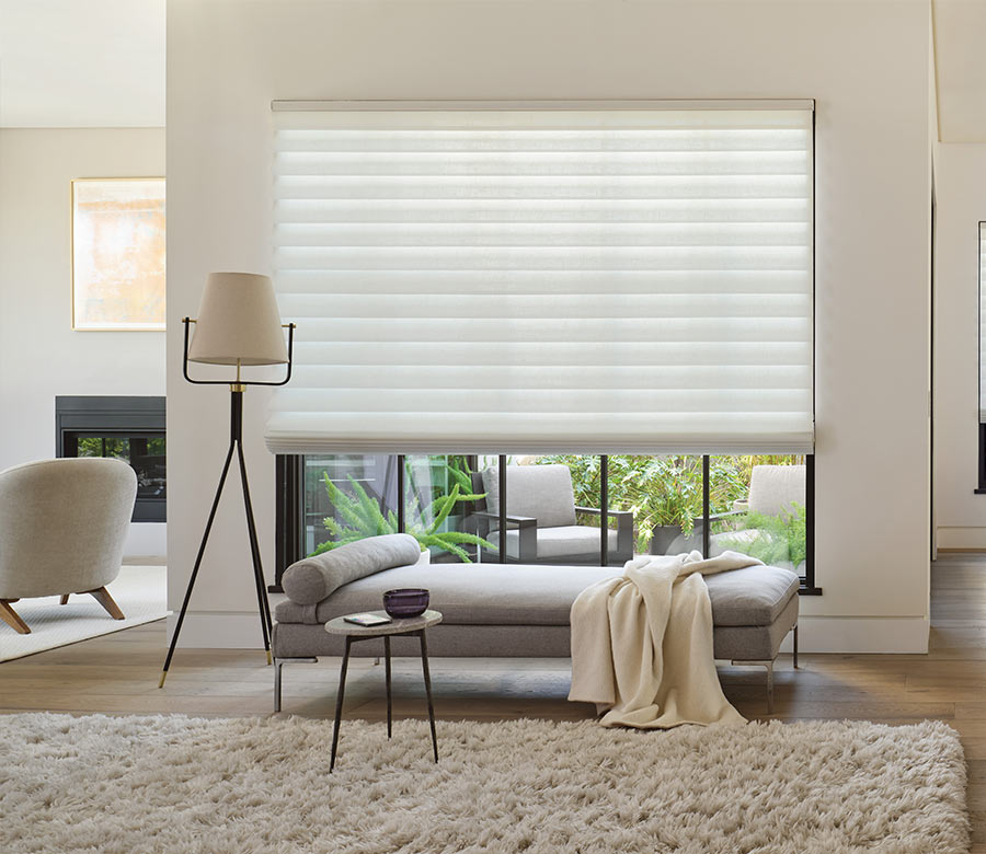 vignette-stacking-roman-shades-hunter-douglas-at-home-blinds-and-decor Hunter Douglas Roman shades in Fort Myers living room