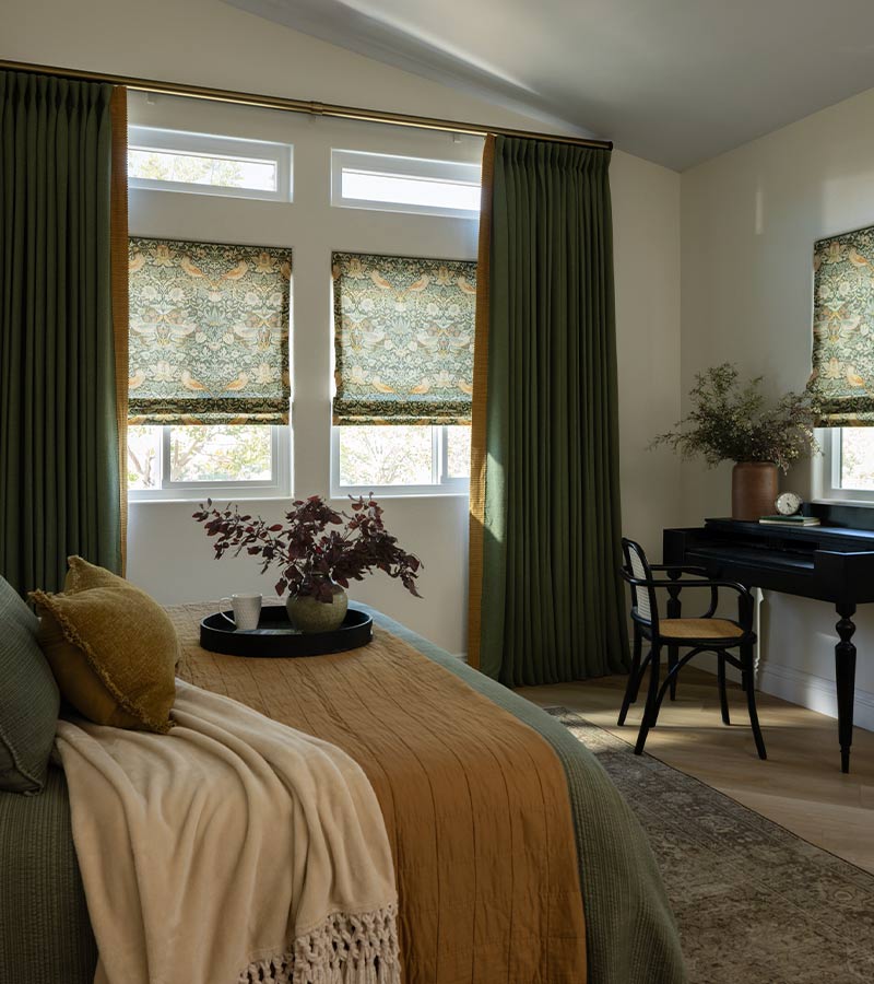 energy-efficient-custom-roman-shades-window-treatments-at-home-blinds-and-decor green drapery with roman shades in bedroom energy efficient