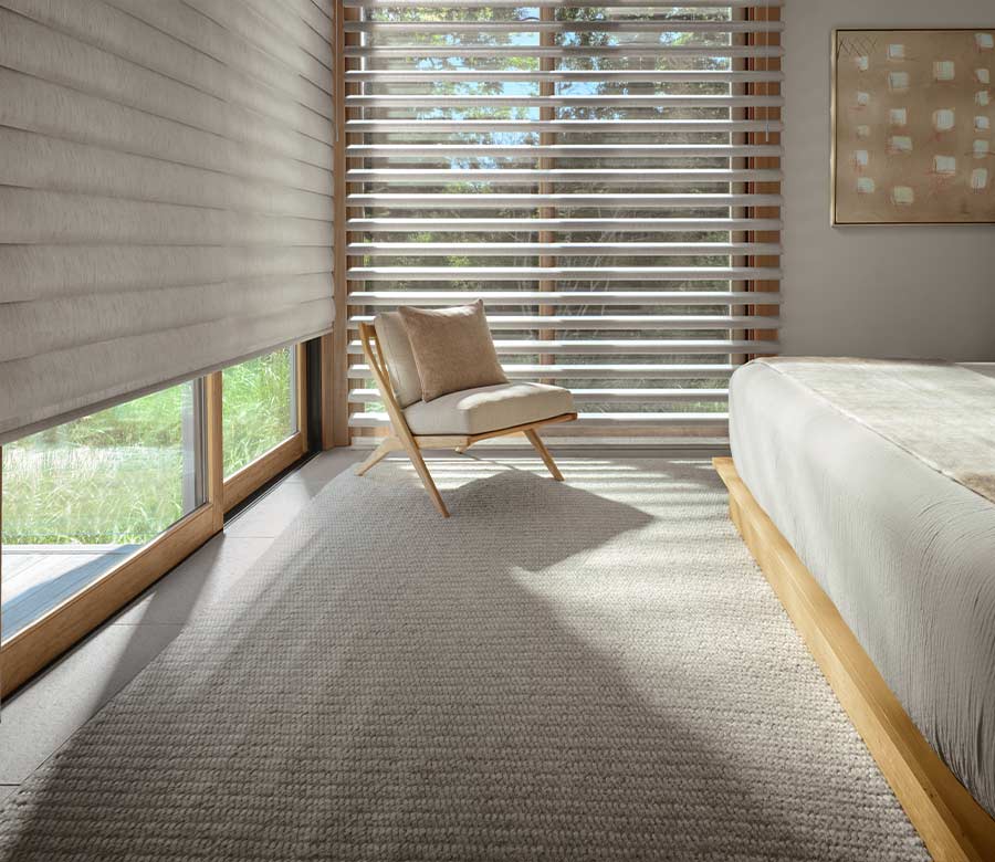 pirouette-primary-bedroom-window-treatments-hunter-douglas-at-home-blinds-and-decor master bedroom with beige pirouette shades with closed and open vanes