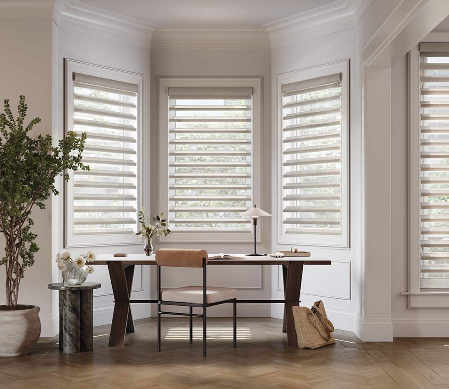 pirouette-window-treatments-home-office-space-hunter-douglas-at-home-blinds-and-decor home office with custom pirouette window treatments