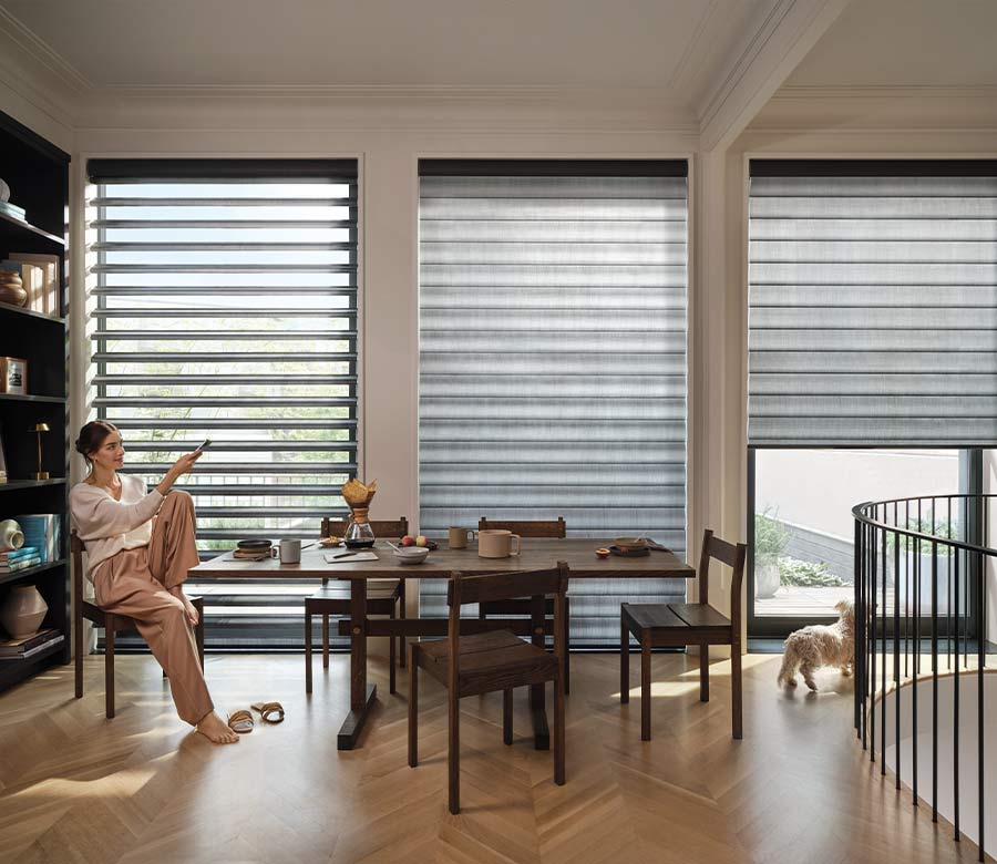 pirouette-window-treatments-multipurpose-dining-room-hunter-douglas-at-home-blinds-and-decor pirouette shades in multipurpose room with adjustable vanes