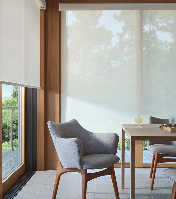 designer-screen-shades-for-floor-to-ceiling-windows-in-mid-century-modern-dining-room-at-home-blinds-and-decor floor to ceiling windows in dining room