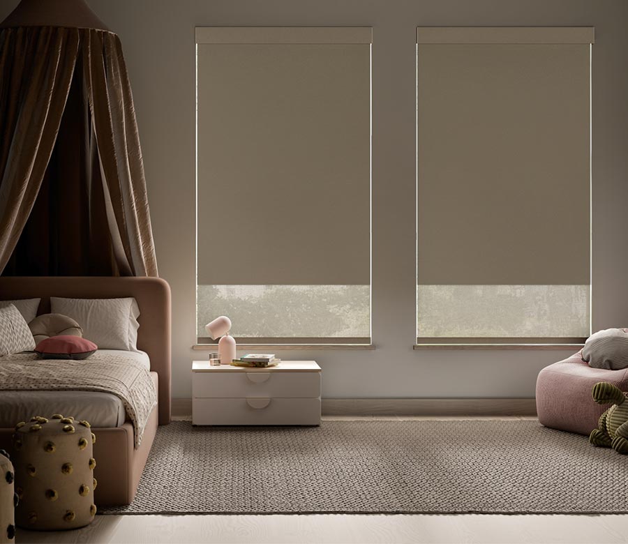 child room with designer screen shades for safety and added darkness