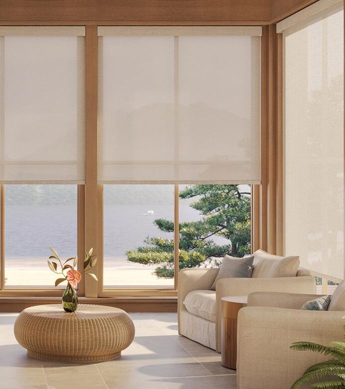 light-filtering-cream-designer-screen-shades-in-coastal-living-room-at-home-blinds-and-decor living room cream designer screen shades for light filtering