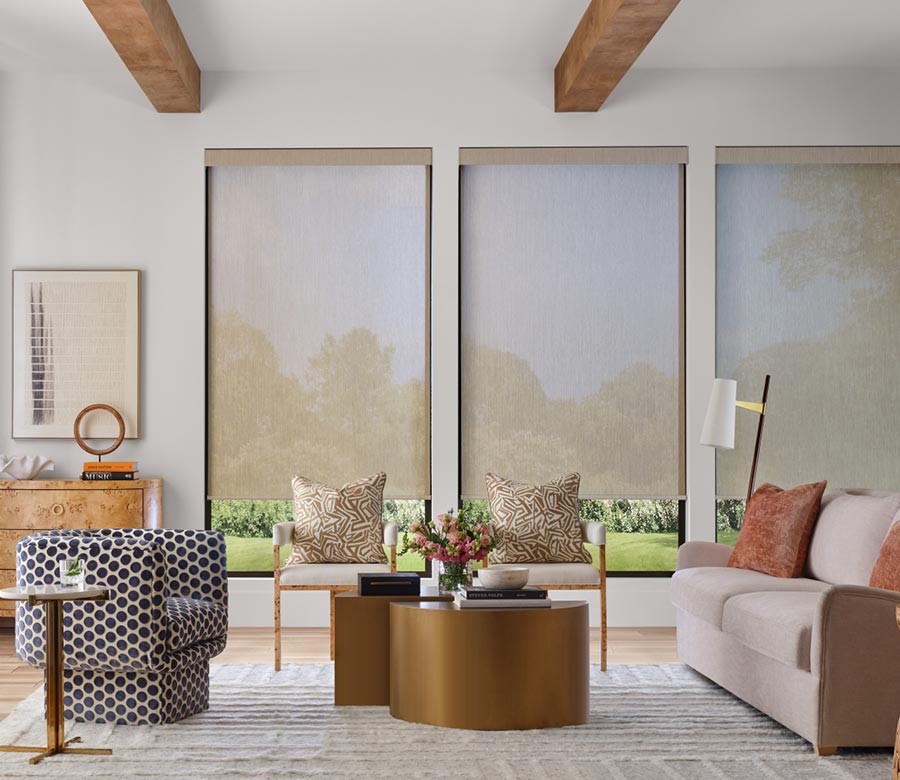 living room with three large screen shades by hunter douglas